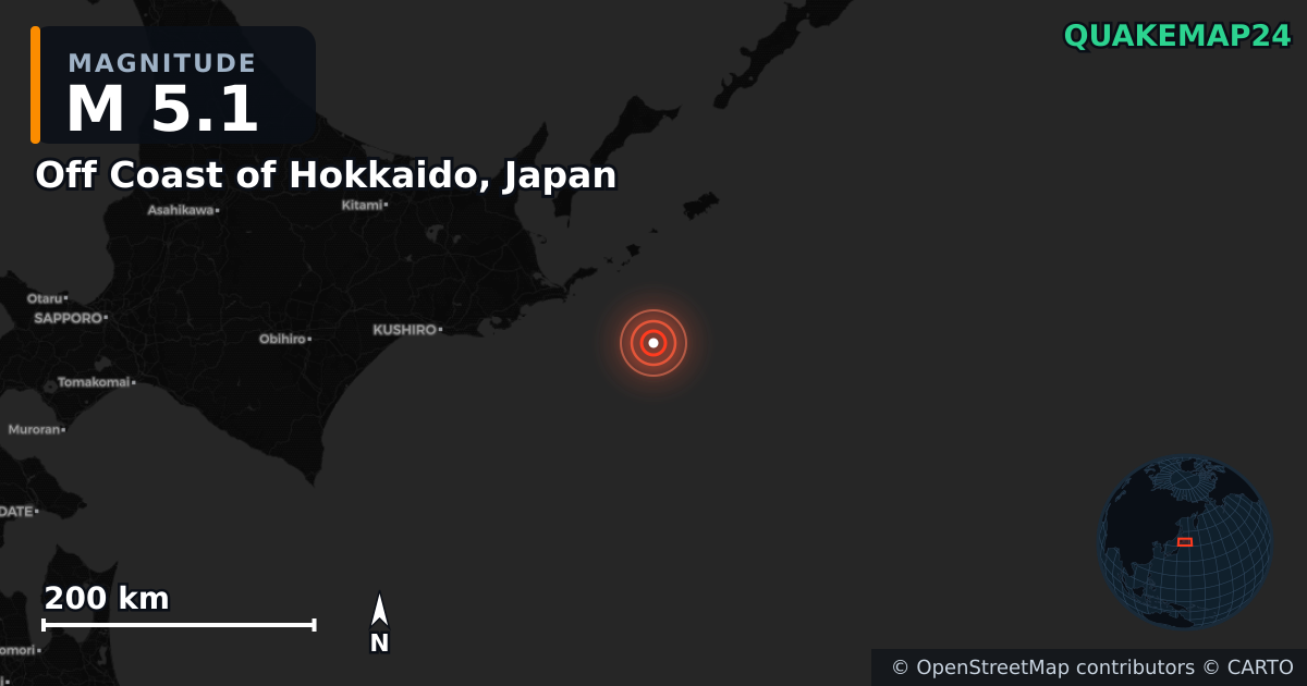M5.1 earthquake near Off Coast of Hokkaido, Japan on Jan 27, 2026 — map of epicenter and shaking intensity | QuakeMap24