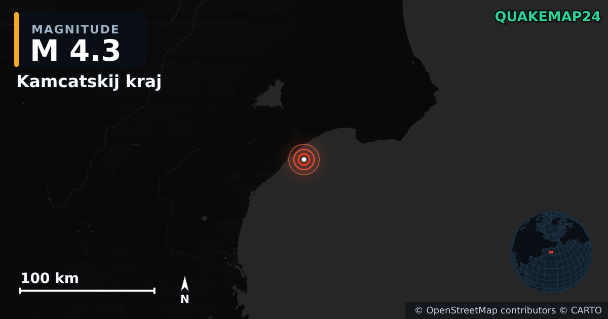 M4.3 earthquake near Kamcatskij kraj on Feb 21, 2026 — map of epicenter and shaking intensity | QuakeMap24