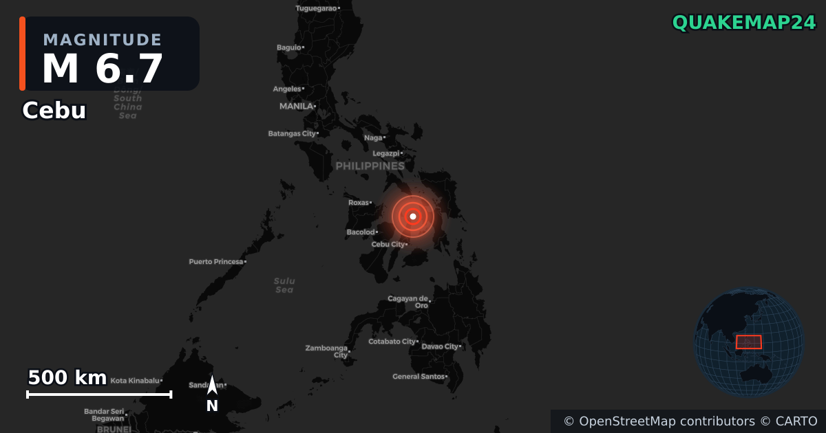 M6.7 earthquake near Cebu on Sep 30, 2025 — map of epicenter and shaking intensity | QuakeMap24