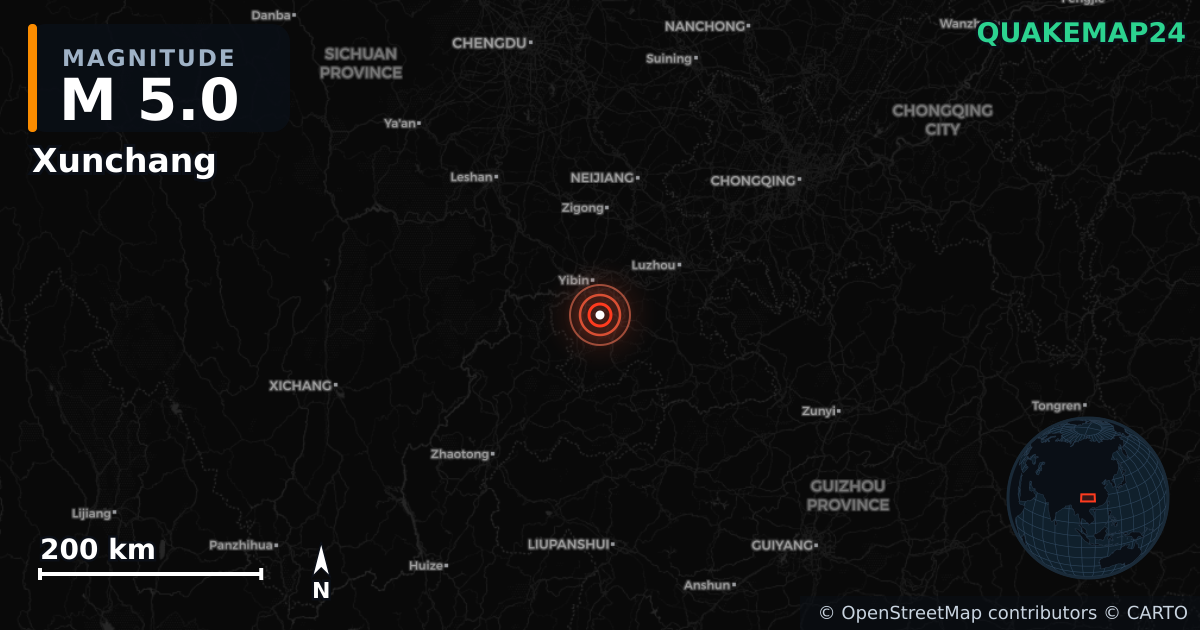 M5.0 earthquake near Xunchang on Jul 8, 2026 — map of epicenter and shaking intensity | QuakeMap24
