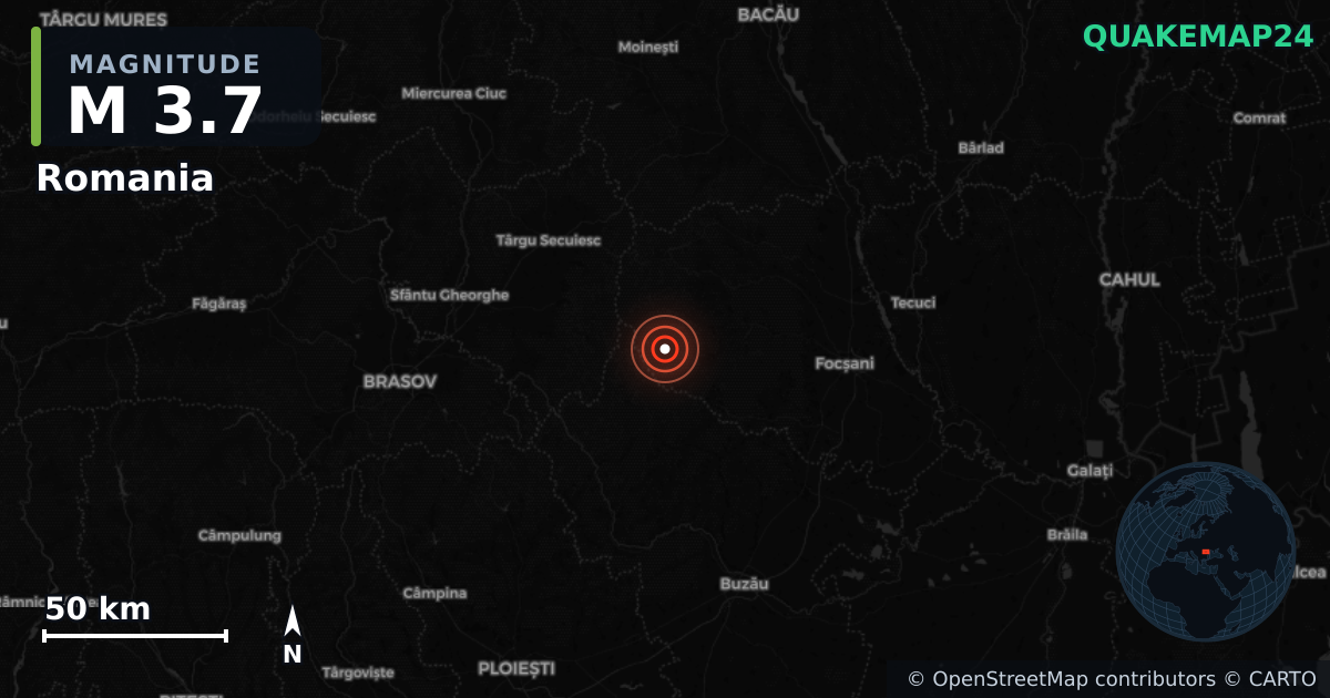 M3.7 earthquake near Romania on Oct 25, 2025 — map of epicenter and shaking intensity | QuakeMap24
