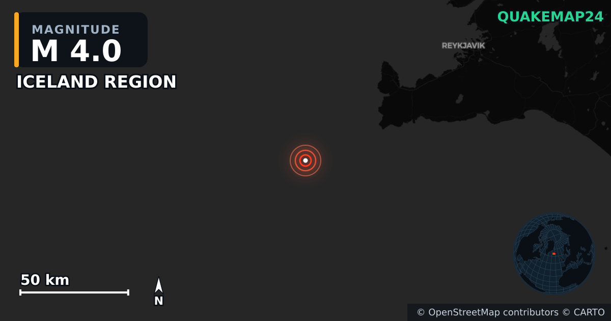 M4.0 earthquake near ICELAND REGION on Mar 23, 2026 — map of epicenter and shaking intensity | QuakeMap24