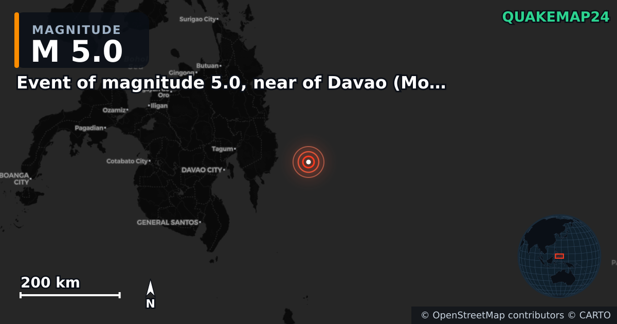 M5.0 earthquake near Event of magnitude 5.0, near of Davao (Monde) on Oct 10, 2025 — map of epicenter and shaking intensity | QuakeMap24