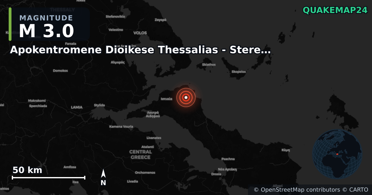 M3.0 earthquake near Apokentromene Dioikese Thessalias - Stereas Ellados on Sep 19, 2025 — map of epicenter and shaking intensity | QuakeMap24