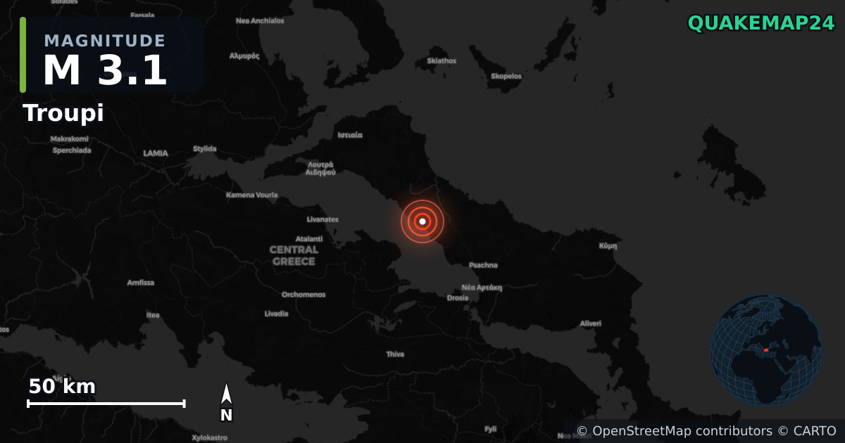 M3.1 earthquake near Troupi on Jun 7, 2026 — map of epicenter and shaking intensity | QuakeMap24
