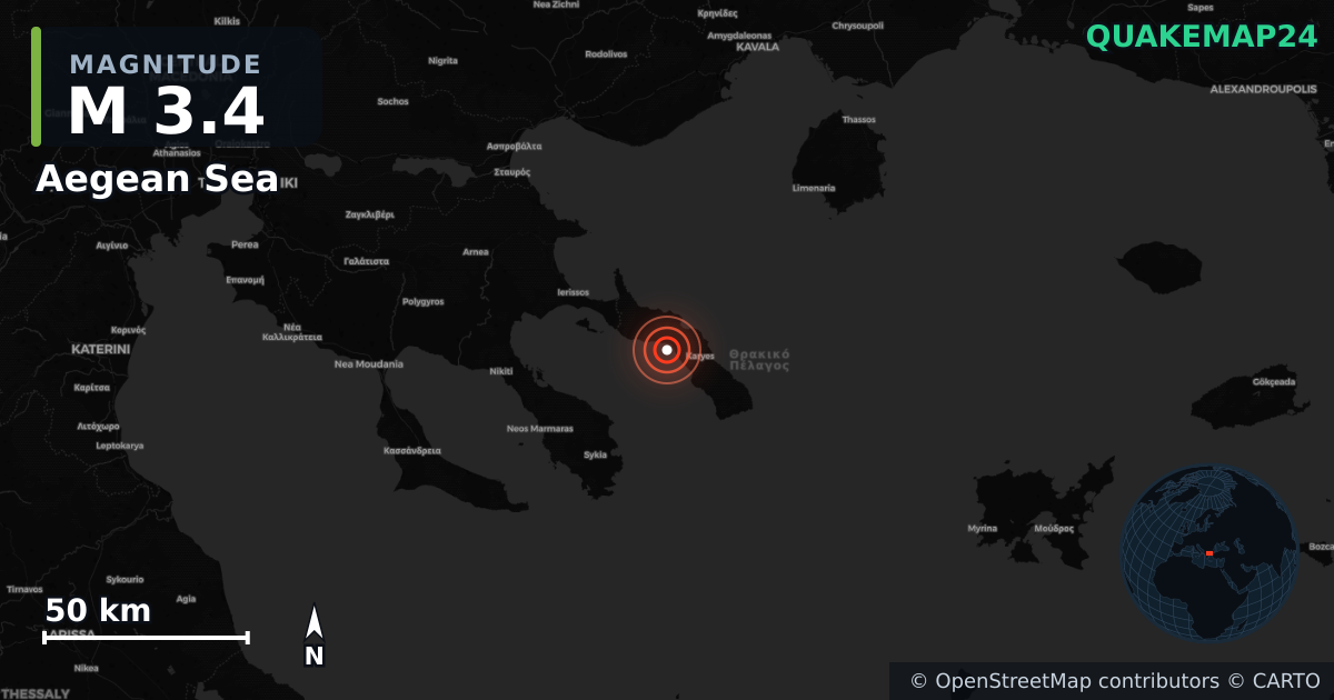 M3.4 earthquake near Aegean Sea on Mar 26, 2026 — map of epicenter and shaking intensity | QuakeMap24