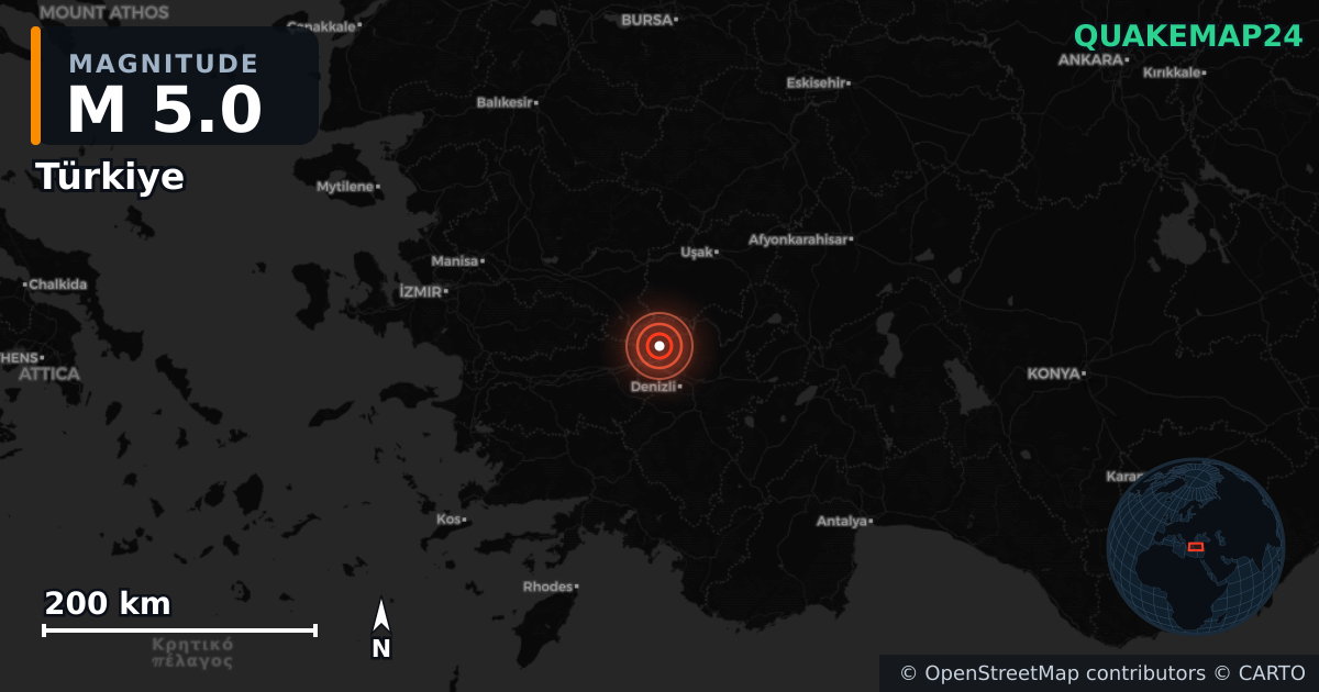 Erdbeben M5,0 bei Türkiye — Karte der Lage des Epizentrums