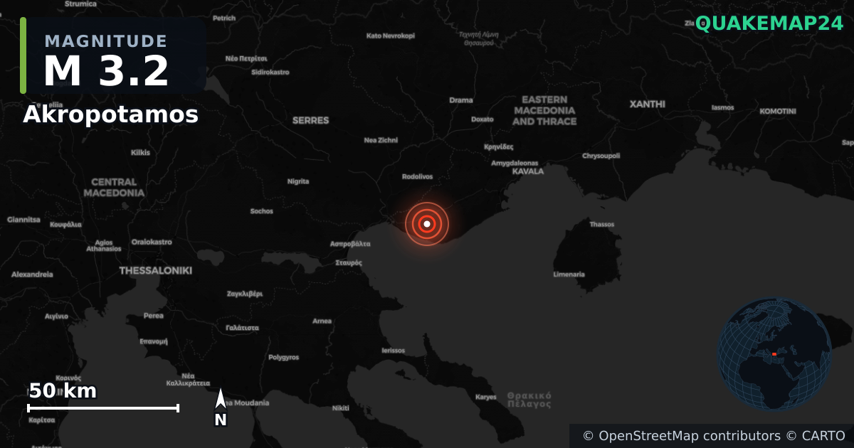 M3.2 earthquake near Akropotamos on Mar 26, 2026 — map of epicenter and shaking intensity | QuakeMap24