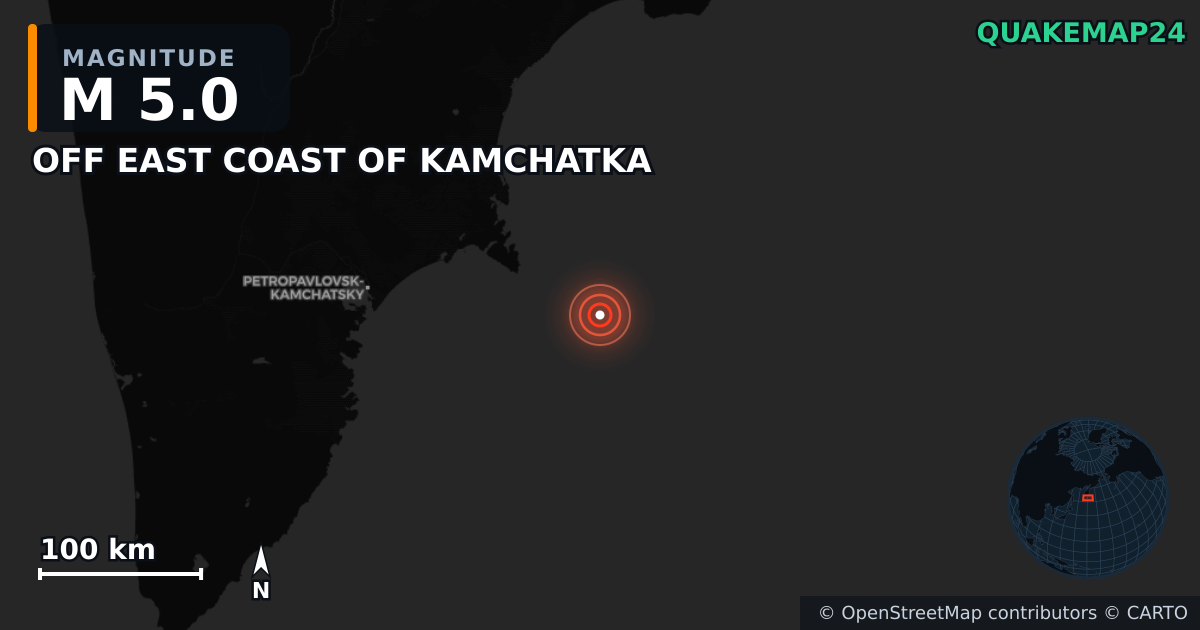 M5.0 earthquake near OFF EAST COAST OF KAMCHATKA on Jun 19, 2026 — map of epicenter and shaking intensity | QuakeMap24
