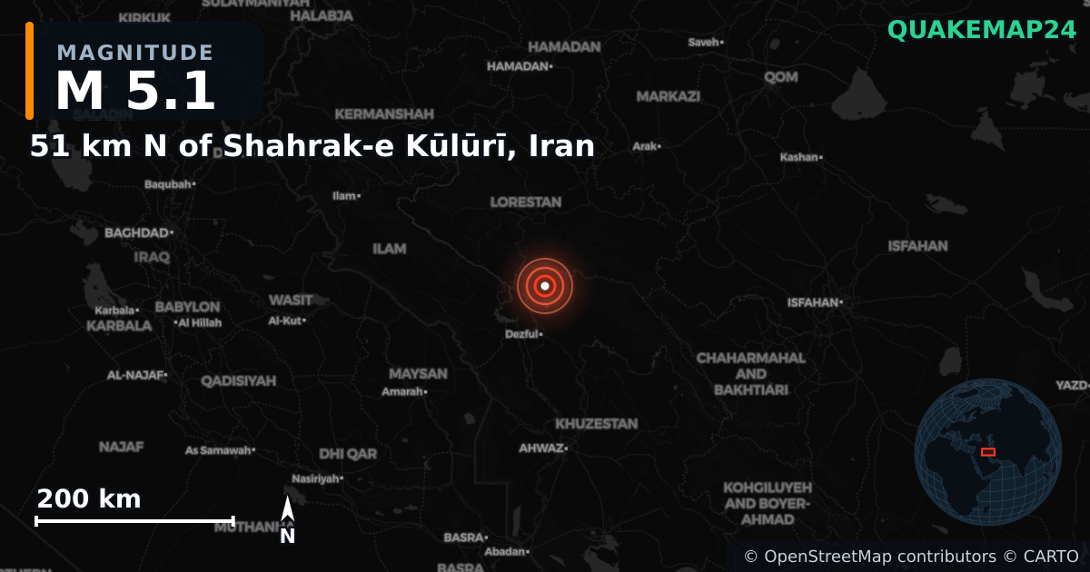 M5.1 earthquake near 51 km N of Shahrak-e Kūlūrī, Iran on Feb 16, 2025 — map of epicenter and shaking intensity | QuakeMap24