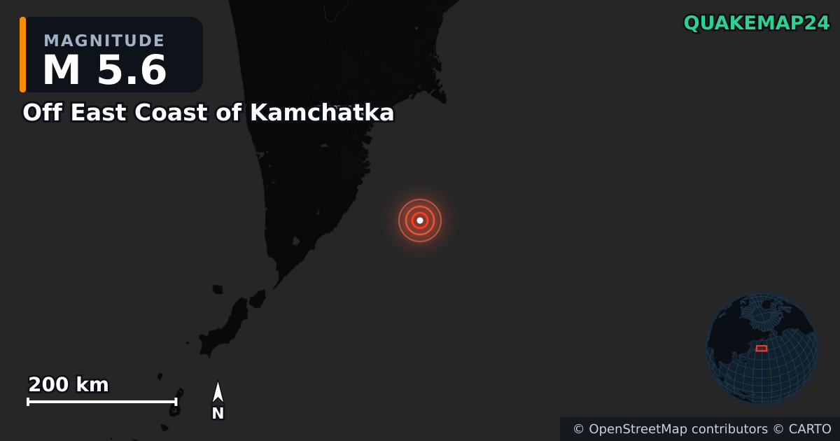 M5.6 earthquake near Off East Coast of Kamchatka on Jul 31, 2025 — map of epicenter and shaking intensity | QuakeMap24
