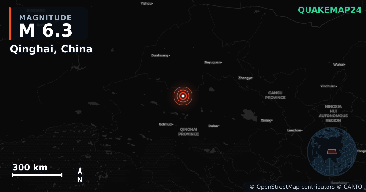 M6.3 earthquake near Qinghai, China on Jun 16, 2026 — map of epicenter and shaking intensity | QuakeMap24