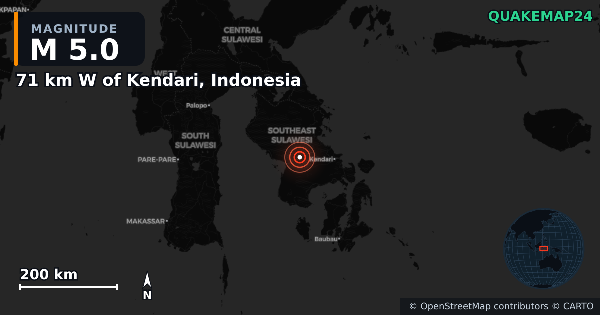 71 km W of Kendari, Indonesia yakınında M5,0 deprem — Deprem merkez üssünün konumunu gösteren harita