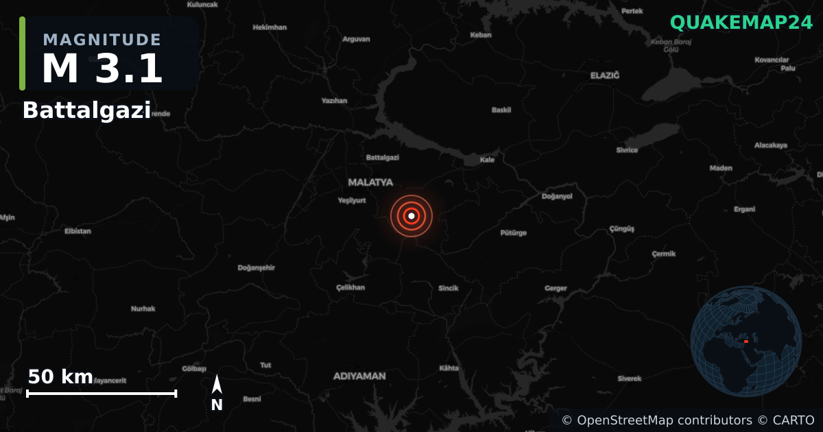 M3.1 earthquake near Battalgazi on Sep 30, 2025 — map of epicenter and shaking intensity | QuakeMap24