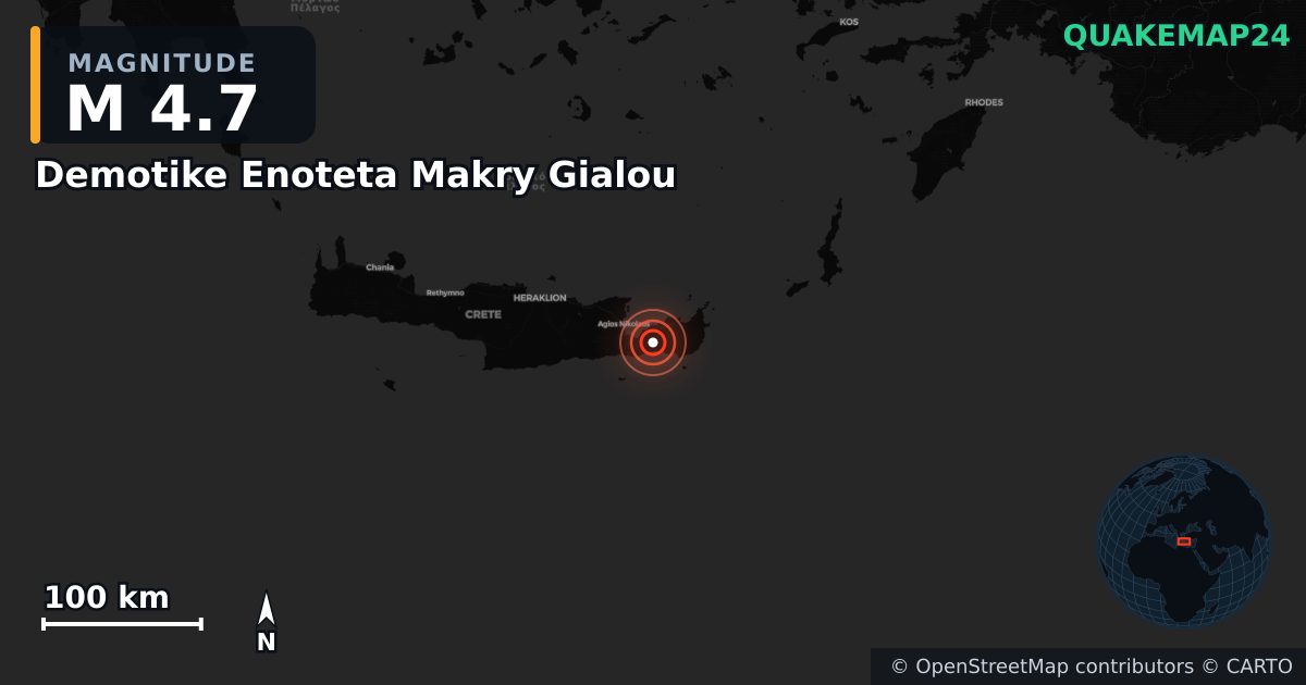 M4.7 earthquake near Demotike Enoteta Makry Gialou on Apr 24, 2026 — map of epicenter and shaking intensity | QuakeMap24