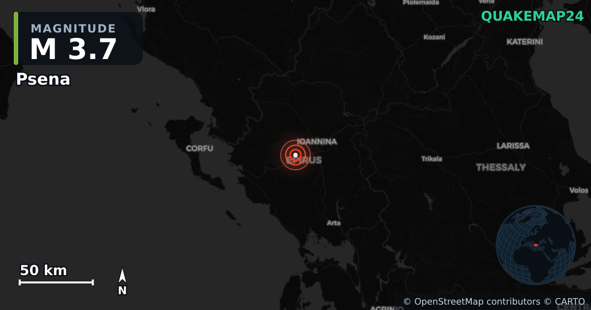 M3.7 earthquake near Psena on Apr 9, 2026 — map of epicenter and shaking intensity | QuakeMap24