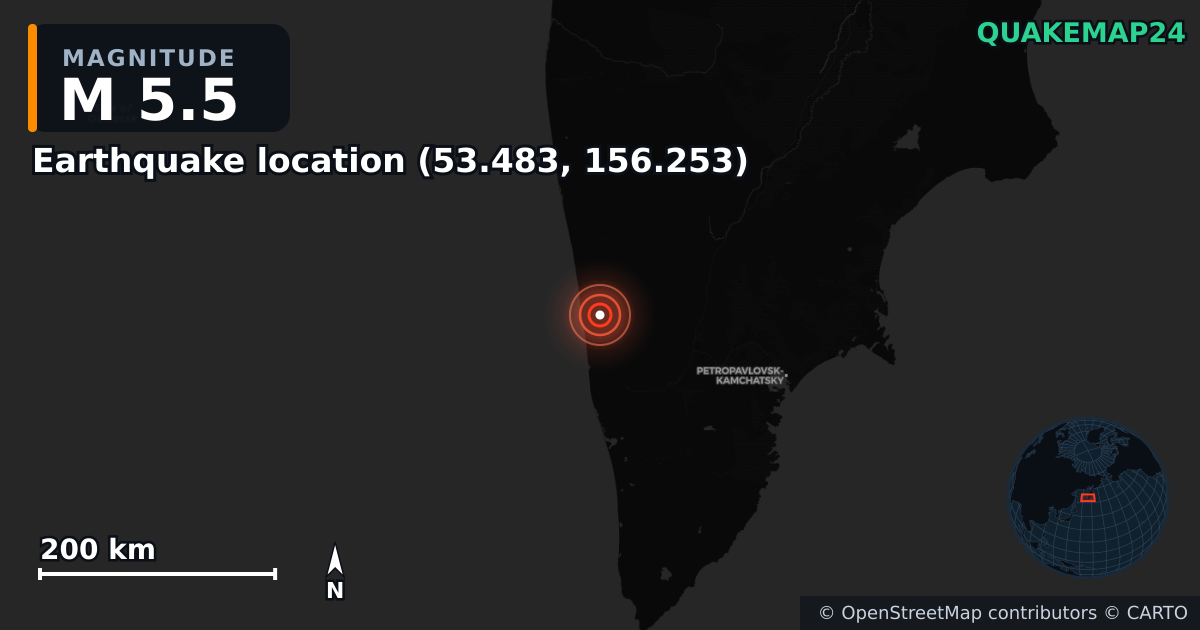 M5.5 earthquake near Τοποθεσία σεισμού (53.483, 156.253) on Feb 16, 2026 — map of epicenter and shaking intensity | QuakeMap24