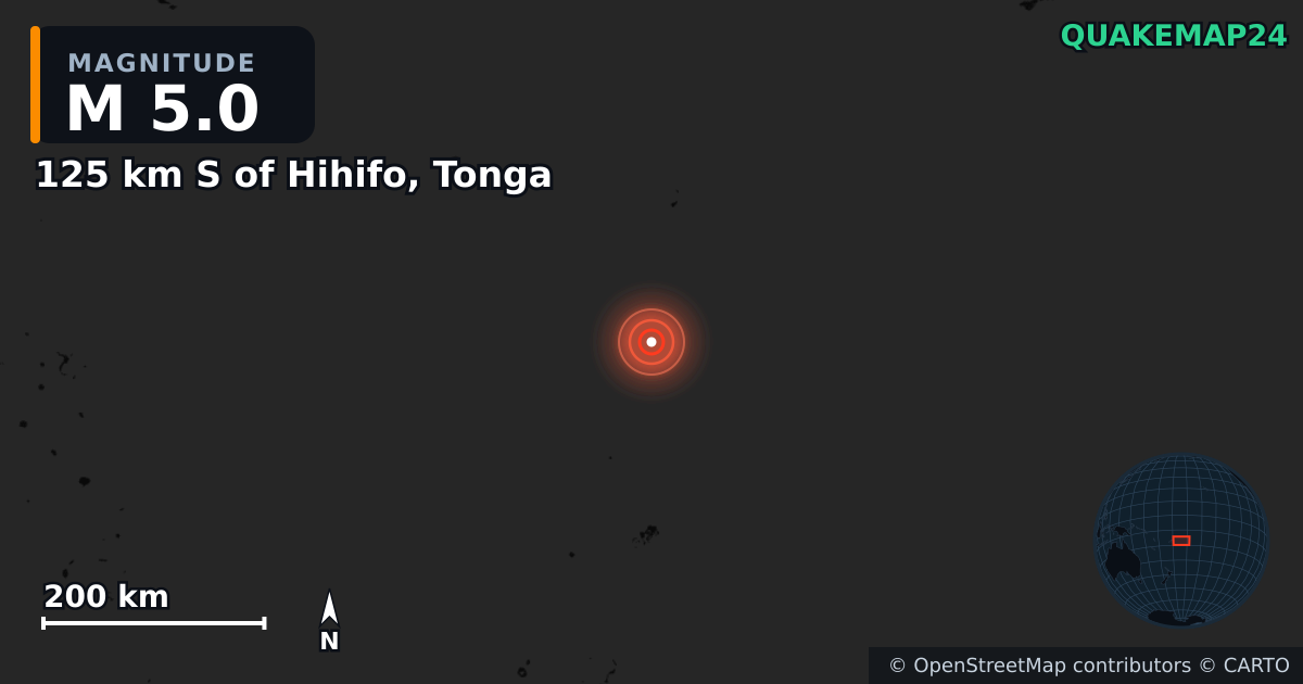 M5.0 earthquake near 125 km S of Hihifo, Tonga on Jun 16, 2025 — map of epicenter and shaking intensity | QuakeMap24