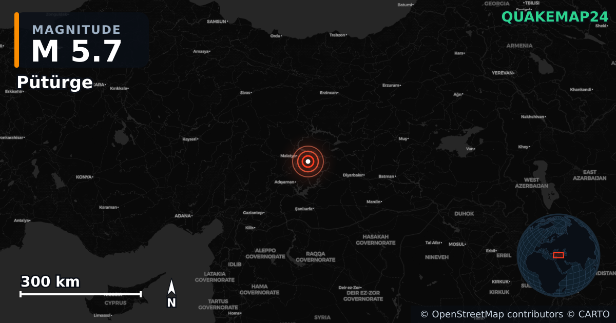 M5.7 earthquake near Pütürge on May 20, 2026 — map of epicenter and shaking intensity | QuakeMap24