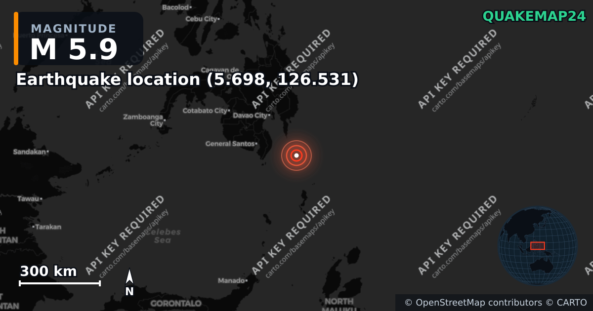 M5.9 earthquake near Earthquake location (5.698, 126.531) on Sep 18, 2025 — map of epicenter and shaking intensity | QuakeMap24