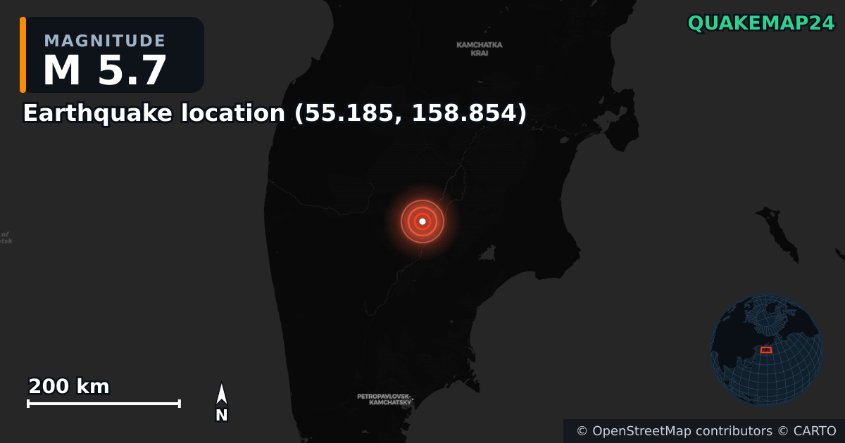M5.7 earthquake near Deprem konumu (55.185, 158.854) on Aug 3, 2025 — map of epicenter and shaking intensity | QuakeMap24
