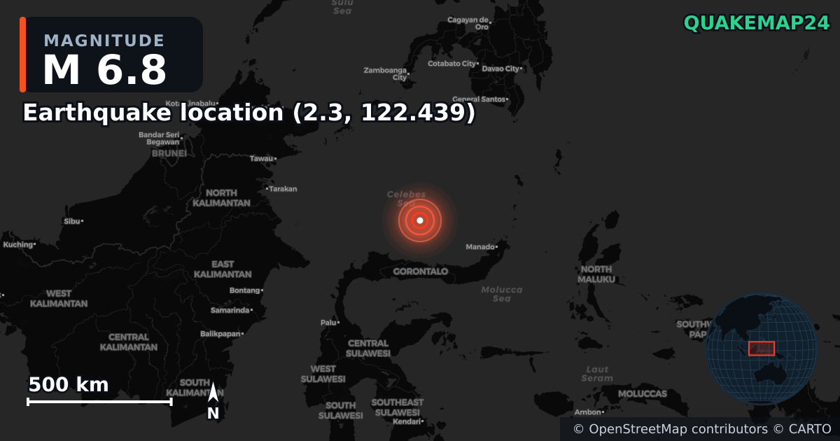 M6.8 earthquake near Deprem konumu (2.3, 122.439) on Apr 1, 2026 — map of epicenter and shaking intensity | QuakeMap24