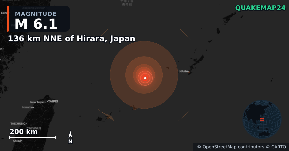 M6.1 earthquake near 136 km NNE of Hirara, Japan on Jul 3, 2026 — map of epicenter and shaking intensity | QuakeMap24
