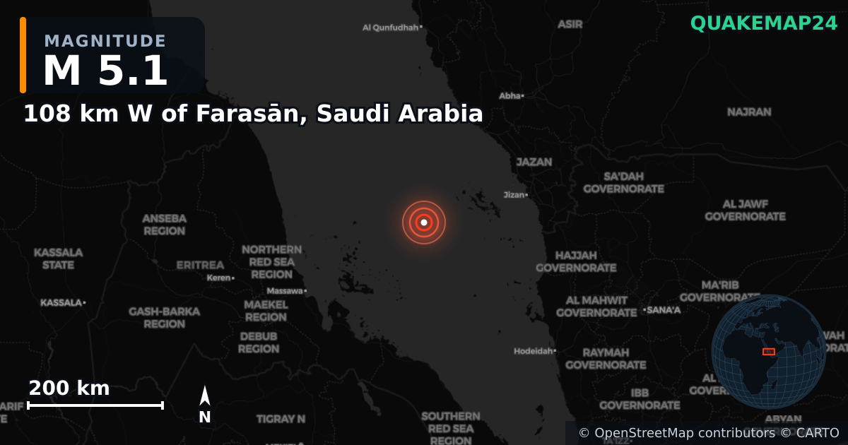 108 km W of Farasān, Saudi Arabia yakınında M5,1 deprem · 2025-07-29 — Deprem merkez üssünün konumunu gösteren harita