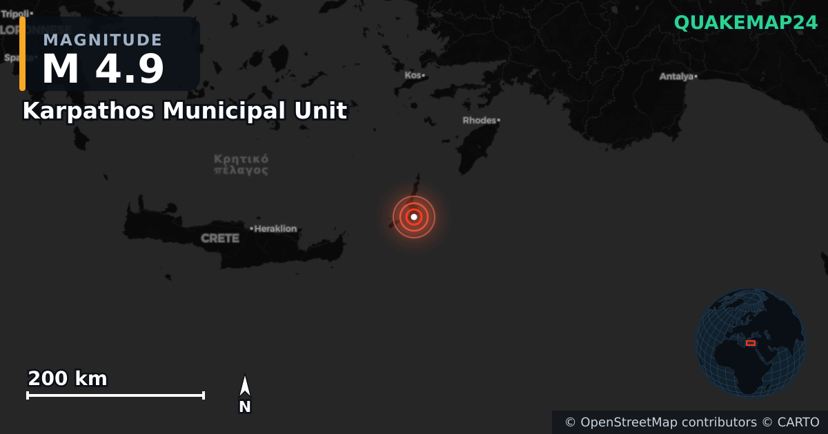 Erdbeben M4,9 bei Karpathos Municipal Unit, South Aegean (Griechenland) · 2026-06-24 — Karte der Lage des Epizentrums