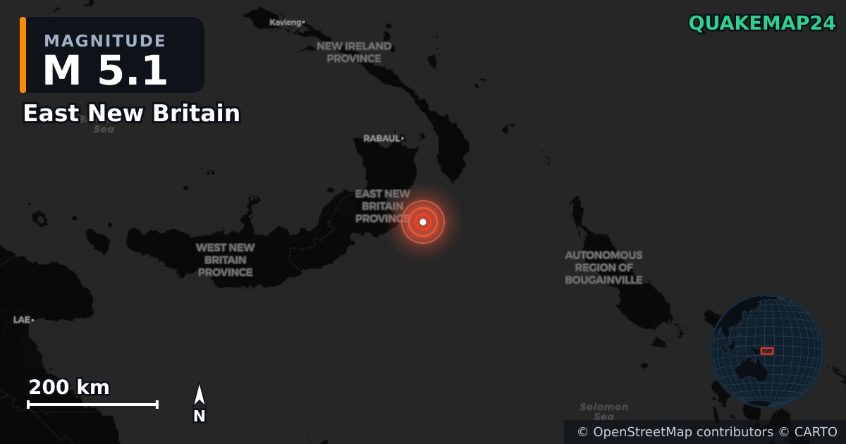 M5.1 earthquake near East New Britain on Dec 29, 2025 — map of epicenter and shaking intensity | QuakeMap24