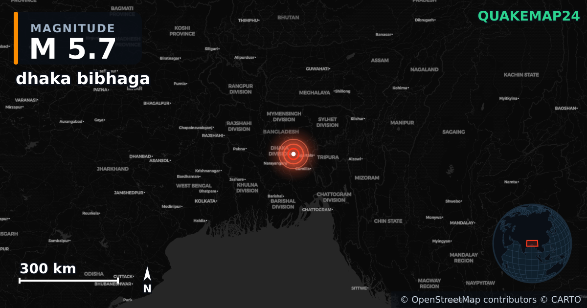 M5.7 earthquake near dhaka bibhaga on Nov 21, 2025 — map of epicenter and shaking intensity | QuakeMap24