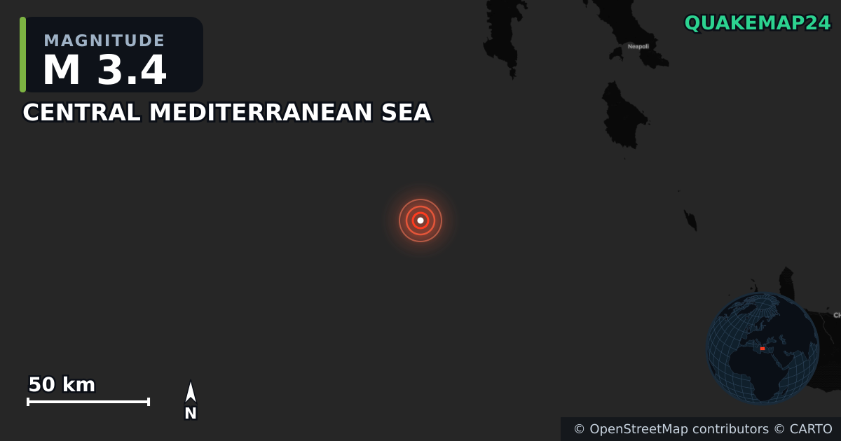 M3.4 earthquake near CENTRAL MEDITERRANEAN SEA on Jul 26, 2025 — map of epicenter and shaking intensity | QuakeMap24