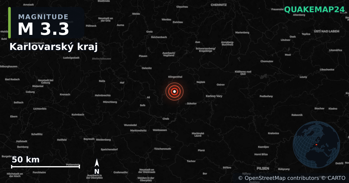 M3.3 earthquake near Karlovarský kraj on Jan 1, 2026 — map of epicenter and shaking intensity | QuakeMap24