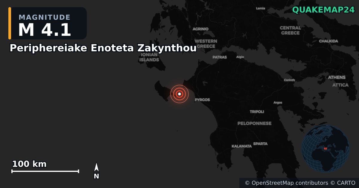 M4.1 earthquake near Periphereiake Enoteta Zakynthou on Mar 31, 2026 — map of epicenter and shaking intensity | QuakeMap24
