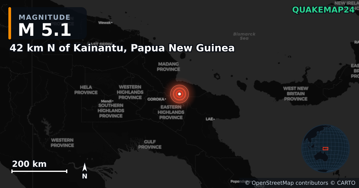 M5.1 earthquake near 42 km N of Kainantu, Papua New Guinea on Mar 17, 2025 — map of epicenter and shaking intensity | QuakeMap24
