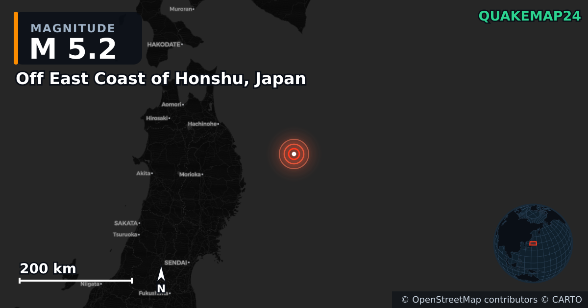 M5.2 earthquake near Off East Coast of Honshu, Japan on Apr 21, 2026 — map of epicenter and shaking intensity | QuakeMap24
