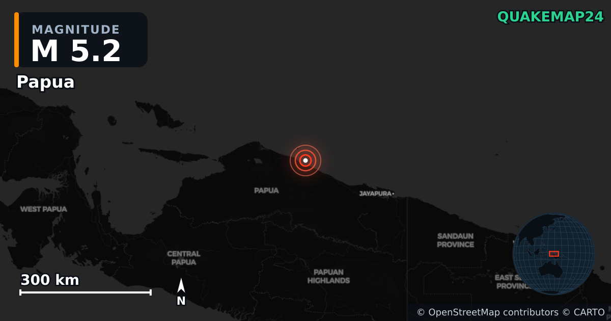 M5.2 Earthquake near Papua (Indonesia) · 2026-09-19 — Map showing the location of the epicenter