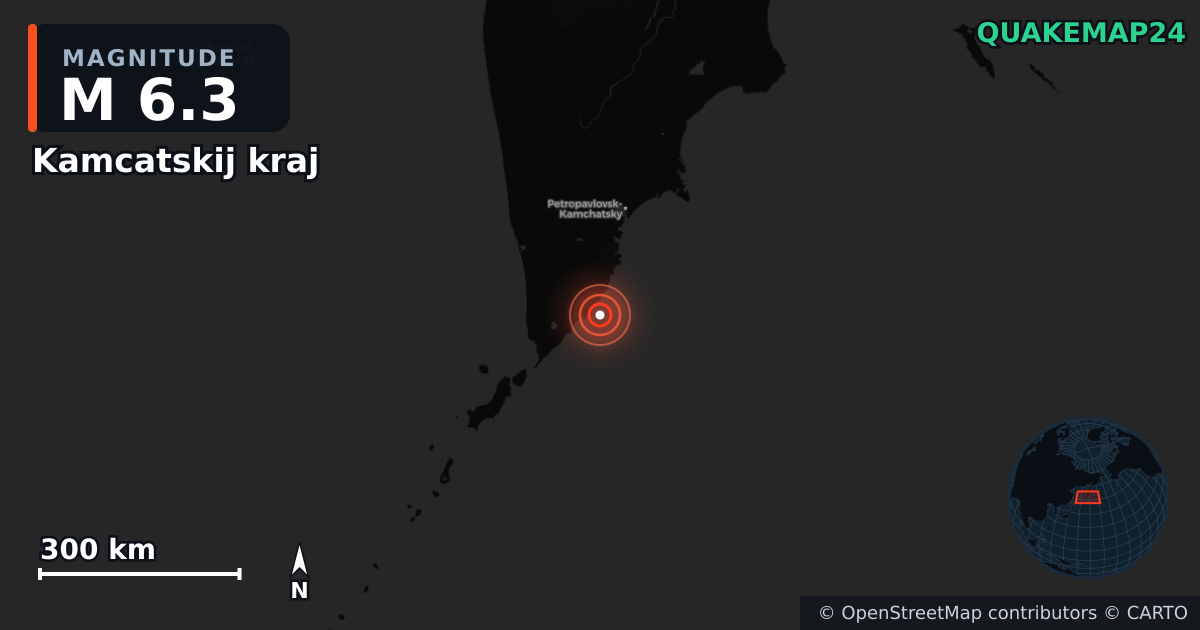 M6.3 earthquake near Kamcatskij kraj on Oct 9, 2025 — map of epicenter and shaking intensity | QuakeMap24