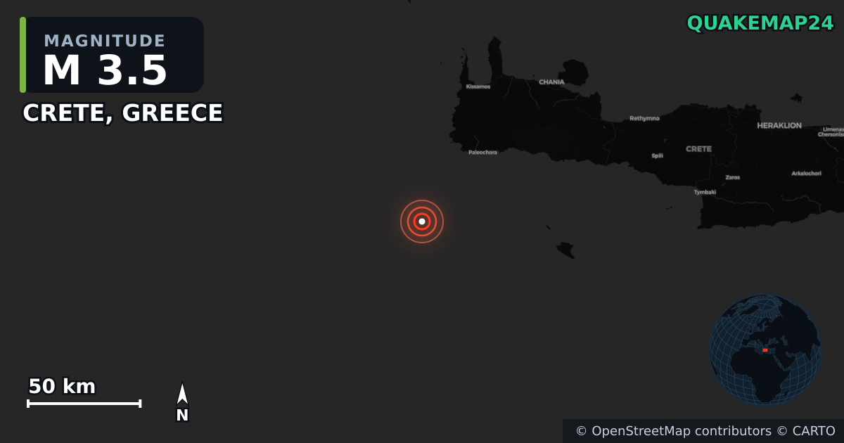 M3.5 earthquake near CRETE, GREECE on Jul 24, 2025 — map of epicenter and shaking intensity | QuakeMap24