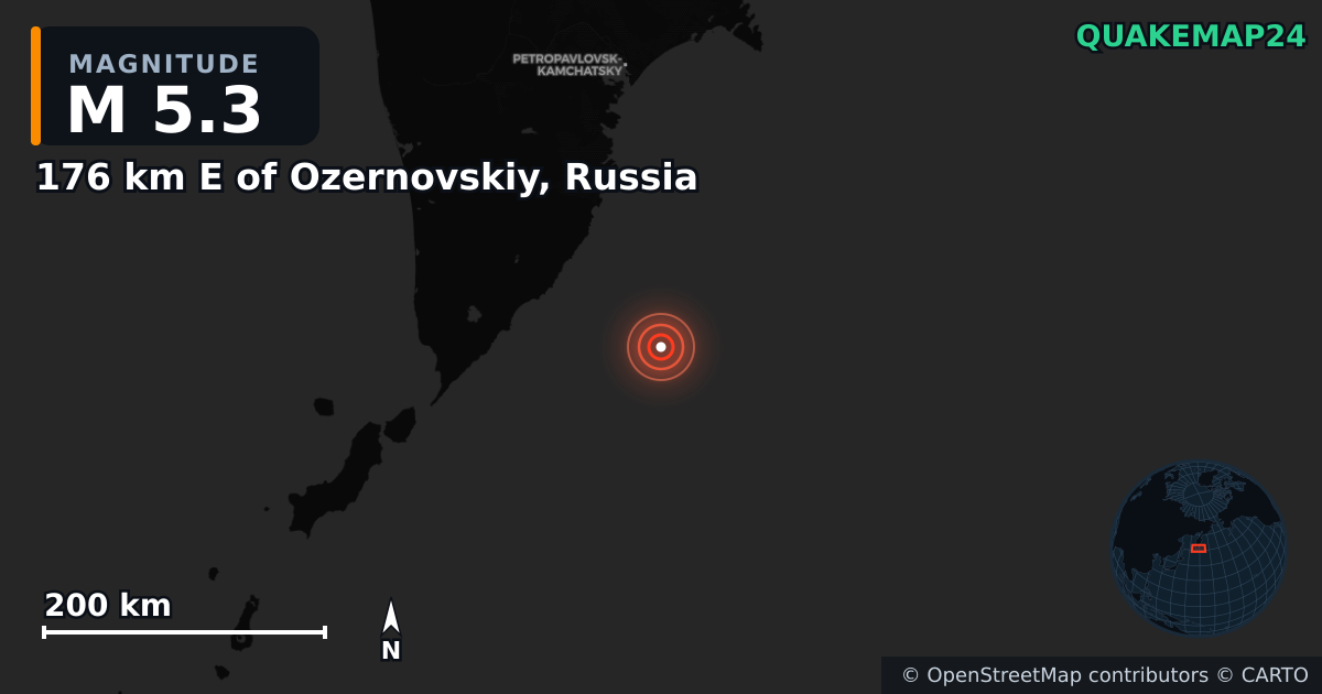 M5.3 earthquake near 176 km E of Ozernovskiy, Russia on Jul 30, 2025 — map of epicenter and shaking intensity | QuakeMap24