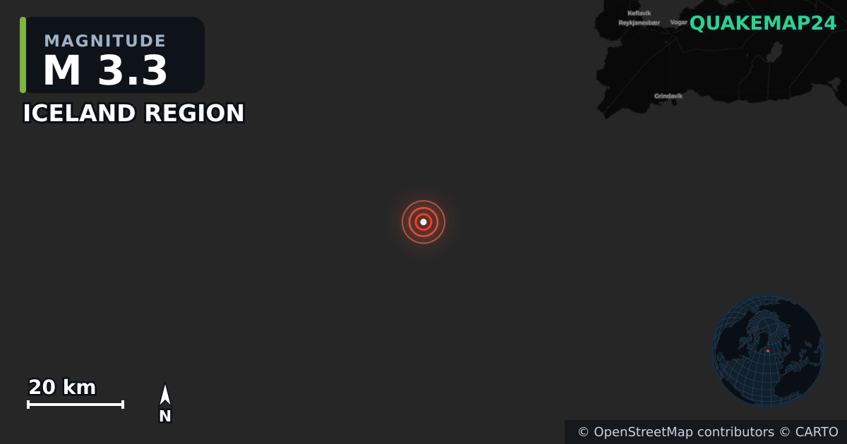 M3.3 earthquake near ICELAND REGION on Sep 12, 2025 — map of epicenter and shaking intensity | QuakeMap24