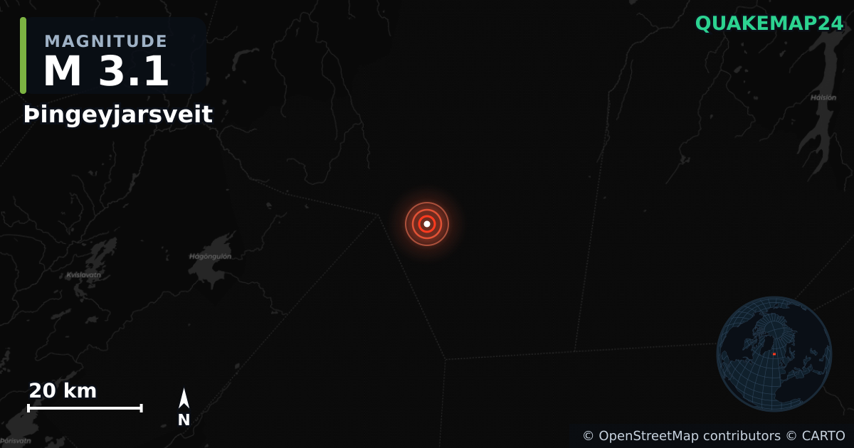 M3.1 earthquake near Þingeyjarsveit on Jul 28, 2026 — map of epicenter and shaking intensity | QuakeMap24