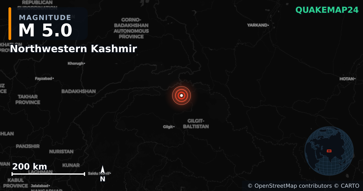 M5.0 earthquake near Northwestern Kashmir on Mar 26, 2026 — map of epicenter and shaking intensity | QuakeMap24