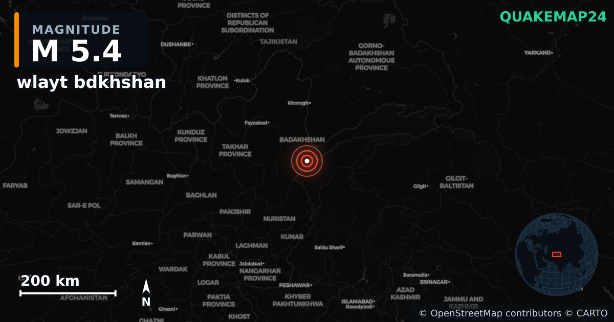 M5.4 earthquake near wlayt bdkhshan on Aug 27, 2025 — map of epicenter and shaking intensity | QuakeMap24