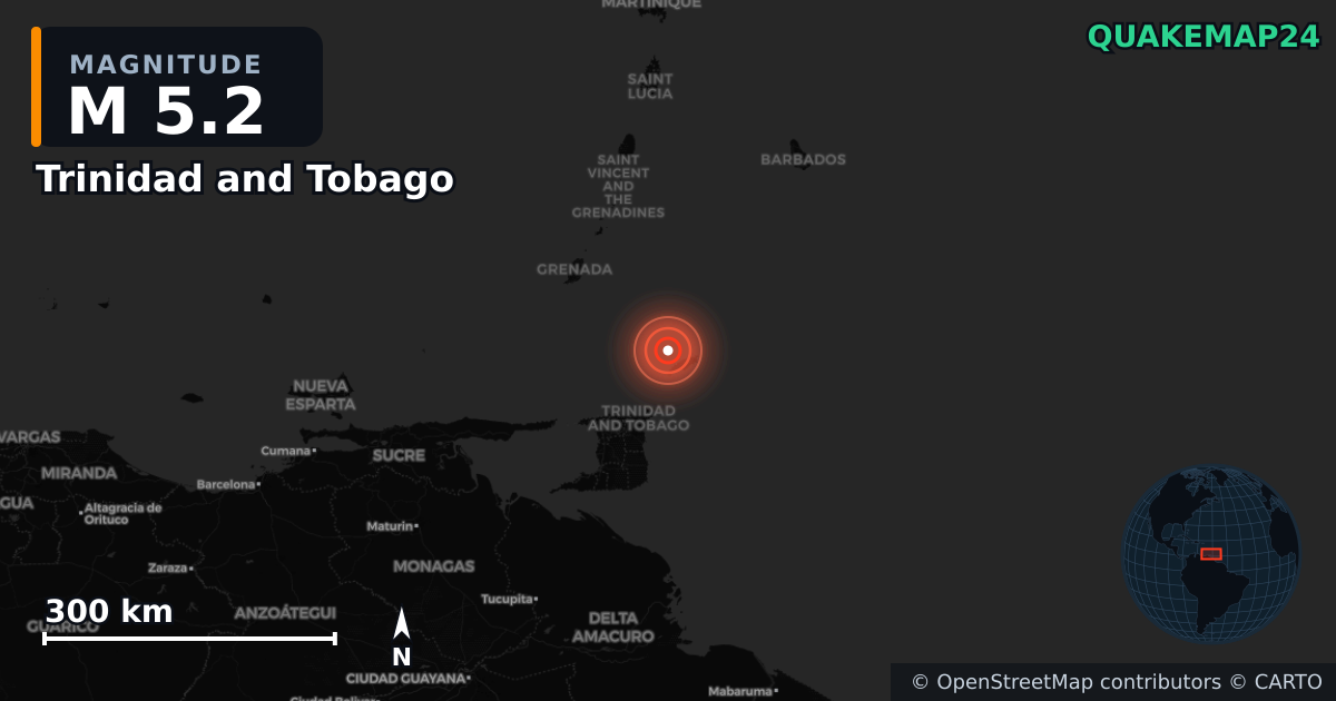 M5.2 earthquake near Trinidad and Tobago on Jul 20, 2026 — map of epicenter and shaking intensity | QuakeMap24