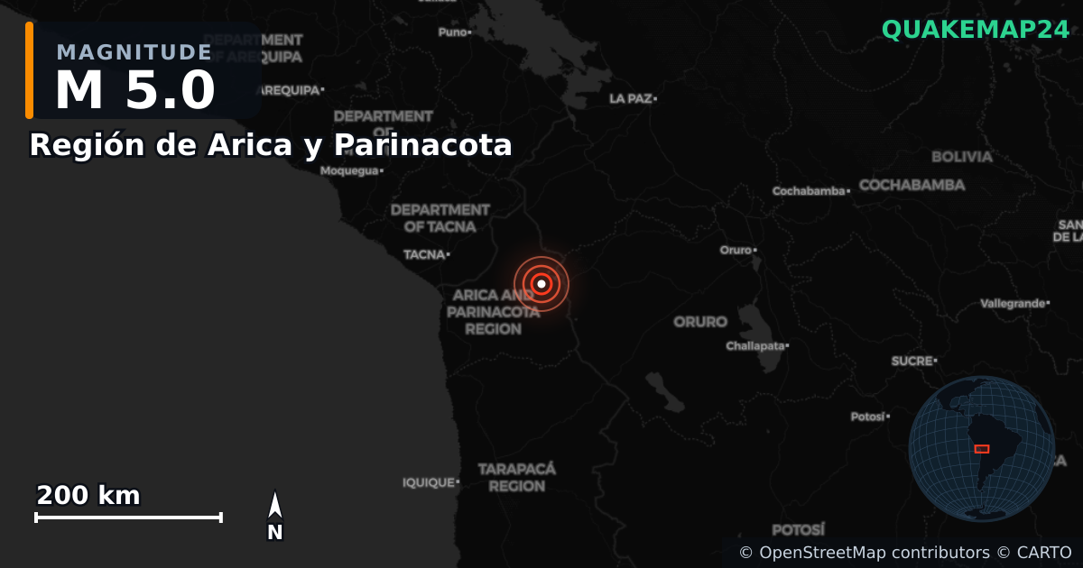 M5.0 earthquake near Región de Arica y Parinacota on May 12, 2025 — map of epicenter and shaking intensity | QuakeMap24