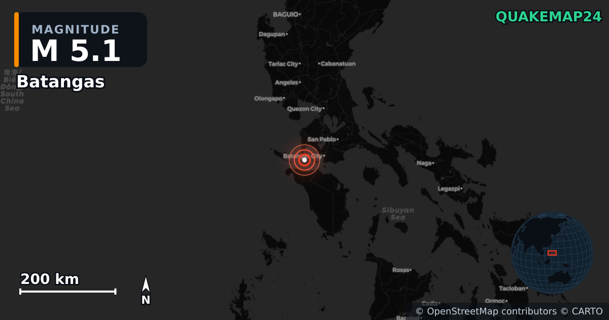 M5.1 earthquake near Batangas on Jun 9, 2025 — map of epicenter and shaking intensity | QuakeMap24