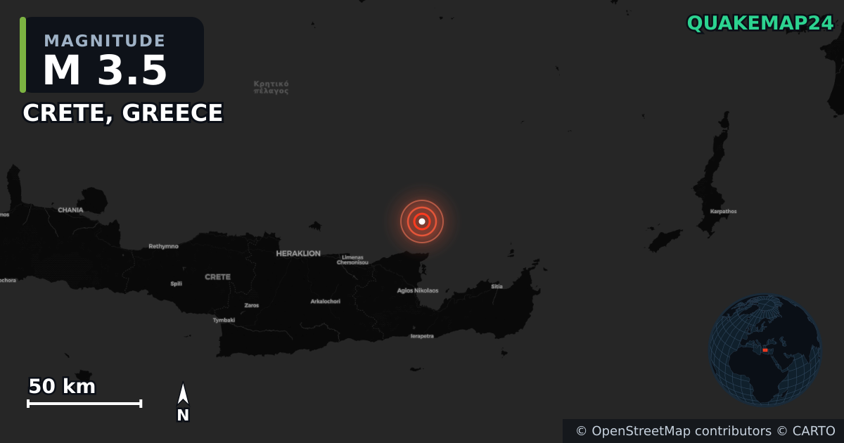 M3.5 earthquake near CRETE, GREECE on Sep 17, 2025 — map of epicenter and shaking intensity | QuakeMap24