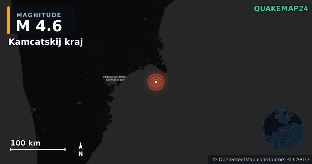 M4.6 earthquake near Kamcatskij kraj on Aug 20, 2025 — map of epicenter and shaking intensity | QuakeMap24