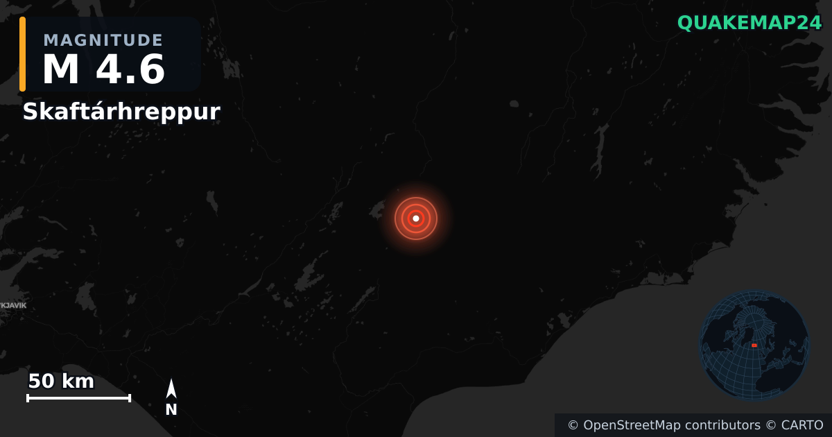 M4.6 earthquake near Skaftárhreppur on Jun 13, 2026 — map of epicenter and shaking intensity | QuakeMap24